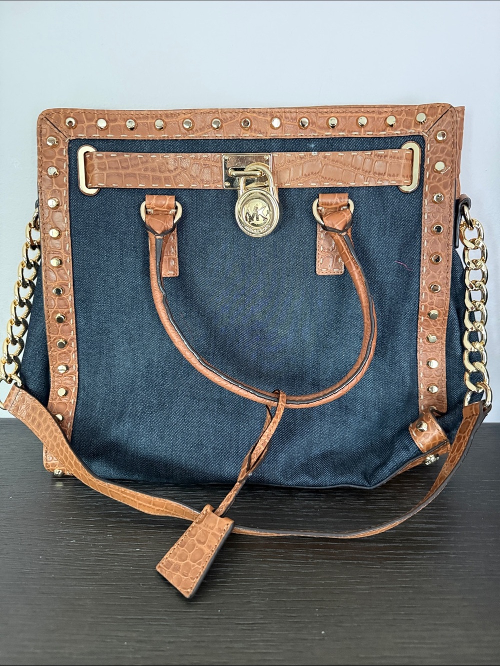 Michael Kors Black Denim Tote with Brown Croc-Trim & Gold Hardware